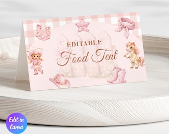 Modello di segnaposto per buffet di compleanno a tema rodeo per bambina, decorazioni per compleanno a tema cowgirl, etichetta per buffet per il primo compleanno a tema rodeo per bambina, invito di compleanno a tema rodeo rosa