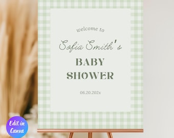 Sage Green Gingham Baby Shower Welcome Sign, Editable Classic Gingham Welcome Sign, Green Baby Shower Decor, Checkered Baby Shower