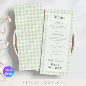 Op de afbeelding: Een lichtgroen en wit geblokt babyshower-menu met de tekst "Menu" bovenaan. Het menu bevat voorgerechten, hoofdgerechten en dessertopties. De tekst "Sofia Smith's BABY SHOWER" is ook zichtbaar. De woorden "Instant Download" staan onderaan.