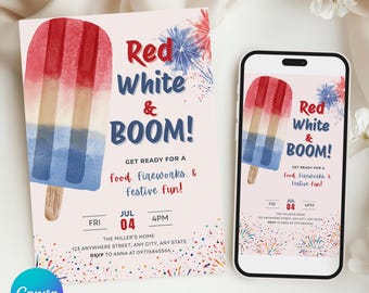 4th of July Invitation Template, Editable Independence Day Party Invite, Red White Blue Patriotic Party Popsicles, Party In USA Evite
