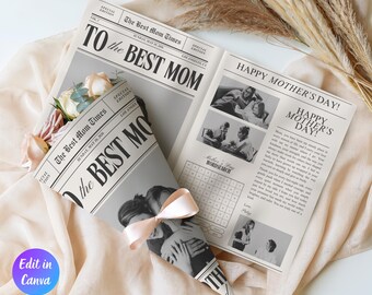Modello di giornale modificabile per la festa della mamma, modello di giornale con bouquet di fiori, regalo personalizzato per la festa della mamma, regalo per la prima volta della mamma