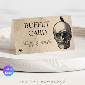 Puede incluir: Una tarjeta de buffet con temática de Halloween con un diseño vintage. La tarjeta presenta una ilustración detallada de una calavera con un cuervo posado encima. El texto "BUFFET CARD" y "Fully Editable" se muestra sobre un fondo marrón claro.