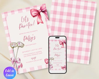 Pink Bow & Club Golf Birthday Invitation, Let's Par-Tee Invite, Girl Let's Par Tee Golf Ball Party Invite, Girls Golf Birthday Invite