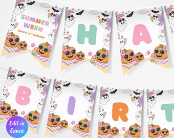 Summerween Pool Party Banner Template, Summerween Birthday Party Decor, Spooky Party Decoration, Printable Birthday Bunting,Instant Download