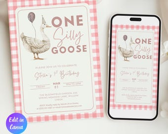 One Silly Goose verjaardagsuitnodiging sjabloon, 1e verjaardag meisje uitnodiging, roze pastel Goose partij uitnodigen, Silly Goose thema verjaardag