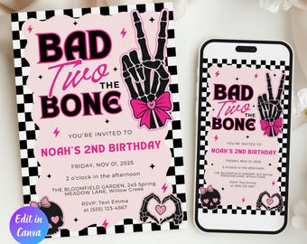 Bad Two the Bone Birthday Invitation Template, Editable Digital Invite, Two Cool 2nd Birthday Girl Party, Pink Bad Bone Canva Template