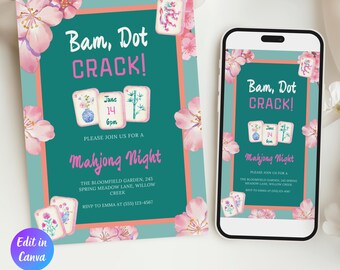 Mahjong Invitation Template, Editable Girls Game Night Invitation, Printable Mahjong Party Card, Instant Download, Canva Template