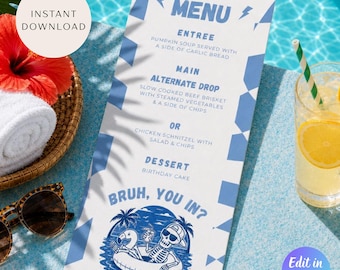 Bruh you in? Summerween Food Menu Template, Bruh Pool Party Birthday, Summer Pool Party, Tween Boy Birthday, Summerween Pool Party Decor