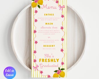 Freshly Graduated Food Menu Template, Lemon Graduation, Citrus Graduation Decor, Class of 2026 Canva Template, Buffet Menu, Instant Download