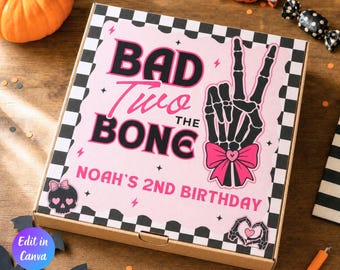 Bad Two the Bone Birthday Pizza Box Template, Editable Pizza Box, Two Cool 2nd Birthday Girl Party Decor, Pink Bad Bone Canva Template