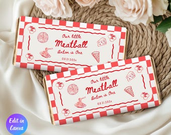 La nostra piccola polpetta, confezione per barretta di cioccolato per il primo compleanno, bomboniere italiane per il primo compleanno, tema pasta italiana Holi Cannoli, etichetta per barretta di cioccolato