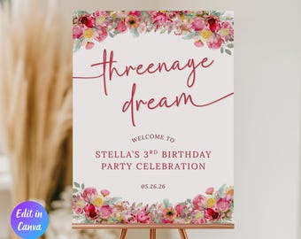 Threenage Dream Birthday Party Welcome Sign Template, Girl 3rd Birthday Decor, Little Miss Threenager Entrance Sign, Instant Download