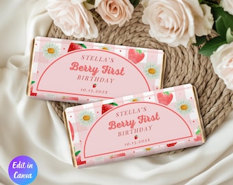 Confezione modificabile per barretta di cioccolato per il primo compleanno di Berry, decorazioni per il primo compleanno di Berry, 1° compleanno di Berry, tema fragola, download immediato