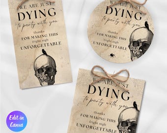 Modello di etichette per bomboniere di Halloween spettrali, etichette per feste a tema scheletro, decorazioni per feste di Halloween, modello Canva, download immediato, modello stampabile