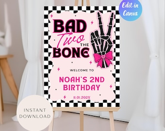 Bad Two the Bone Birthday Welcome Sign Template, Editable Entrance Sign, Two Cool 2nd Birthday Girl Party Decor,Pink Bad Bone Canva Template