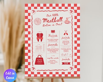 Modello di bacheca per il primo compleanno di "Our Little Meatball", decorazione italiana modificabile per il primo compleanno, tema pasta italiana Holi Cannoli