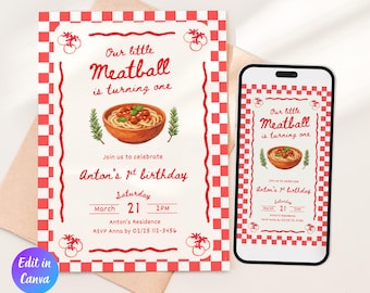 Modello di invito per la festa del primo compleanno di "Our Little Meatball", invito modificabile per il primo compleanno italiano, tema pasta italiana Holi Cannoli