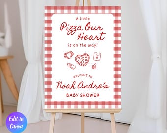 Cartello di benvenuto per baby shower con consegna speciale di pizza, cartello d'ingresso Pizza Our Heart, quadretti rossi e bianchi, stile italiano disegnato a mano, download immediato