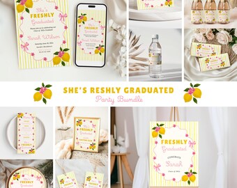 Freshly Graduated Party Bundle Template, Lemon Graduation, Citrus Graduation Decor, Class of 2026 Canva Template, Instant Download