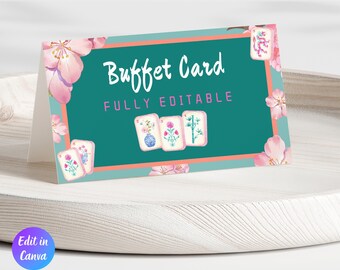 Mahjong Food Tent Card Template, Editable Girls Game Night, Printable Mahjong Party Card,Instant Download,Mahjong Theme Party,Canva Template