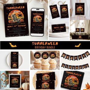 May include: A collection of "Summerween Vibes" themed party supplies. Includes invitations, tags, a phone mockup, cupcake toppers, candy bar wrappers, a banner, and more. The design features a skeleton relaxing on a beach with pumpkins and palm trees.