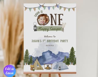 Editable One Happy Camper Birthday Welcome Sign, Boy First Birthday, Camping Birthday, Happy Camper, One Happy Camper Decor Instant Download