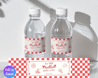 Etichetta per bottiglia d'acqua per il primo compleanno della nostra piccola polpetta, etichetta modificabile per il primo compleanno italiano, tema italiano Holi Cannoli, decorazione per la nostra piccola polpetta