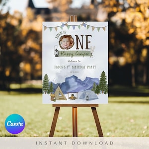 One Happy Camper Birthday Welcome Sign Template, Boy First Birthday, Camping Birthday, Happy Camper, One Happy Camper Decor Instant Download