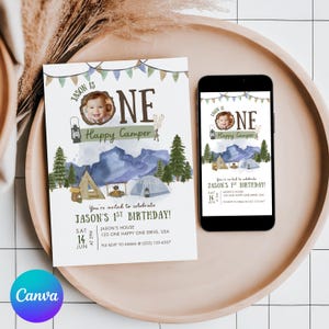 One Happy Camper Birthday Invitation Template, Boy First Birthday, Camping Birthday, Happy Camper, One Happy Camper Evite, Instant Download
