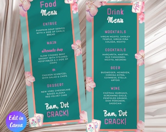 Mahjong Food & Drink Menu Template, Editable Girls Game Night Menu, Printable Mahjong Food and Drink Menu, Instant Download, Canva Template