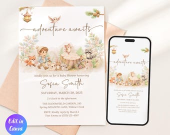 Woodland Baby Shower Invitation Template, Adventure Awaits Invite, Woodland Theme Baby Shower, Forest Baby Shower, Instant Download