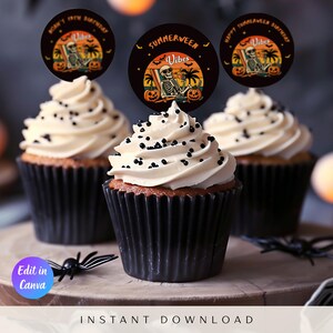 May include: Three cupcakes with white frosting and black sprinkles, topped with circular toppers. The toppers feature a skeleton relaxing on a beach with palm trees and pumpkins, with the text "Summerween Vibes" and "Noah's 19th Birthday". The cupcakes sit on a wooden board.