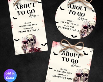 Bomboniere modificabili per feste di Halloween a forma di scheletro, etichette con scritte "Sorseggiando", etichette regalo di Halloween per adulti, modello Canva, decorazioni di Halloween stampabili
