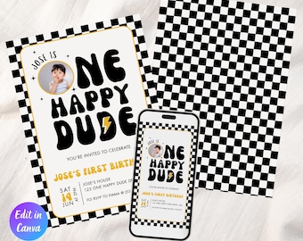 One Happy Dude Birthday Invitation Template, Retro One Happy Dude First Birthday Party Invite, Printable Invitation, Instant Download