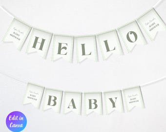 Sage Green Gingham Baby Shower Banner Template, Classic Gingham Boy Baby Shower Decor, Printable Hello Baby Banner, Instant Download
