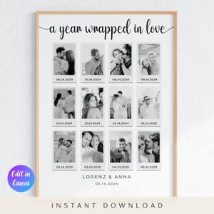 Puede incluir: Un collage de fotos en blanco y negro enmarcado con el texto "a year wrapped in love". El collage presenta doce fotos pequeñas con fechas y los nombres "LORENZ & ANNA" con una fecha. También se ven las palabras "Edit in Canva" y "INSTANT DOWNLOAD".