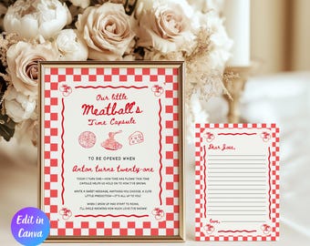 Modello di capsula del tempo per la festa del primo compleanno della nostra piccola polpetta, decorazioni italiane modificabili per il primo compleanno, tema pasta italiana Holi Cannoli