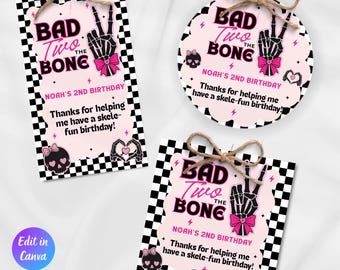 Bad Two the Bone Birthday Favor Tags Template, Editable Gift Tags, Two Cool 2nd Birthday Girl Party Decor, Pink Bad Bone Canva Template
