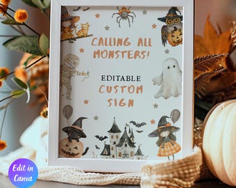 ハロウィンバースデーカスタムサインテンプレート、モンスターを呼ぶパーティーデコレーション、ハロウィンパーティーサイン、ミイラゴーストテーマ、すぐにダウンロード