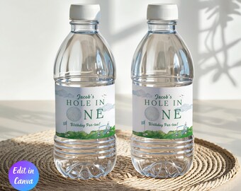 Plantilla de etiqueta para botella de agua de cumpleaños con temática de golf, decoración para fiesta de cumpleaños de golf, HIO