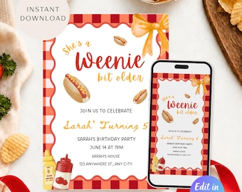 She's a Weenie Bit Older Birthday Invite Template, Hot Dog Birthday Party Invite, BBQ Birthday Invitation Template, Instant Download
