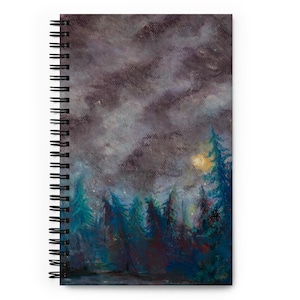 Starry Night Sky Spiral Notebook – Celestial Forest, Original Art
