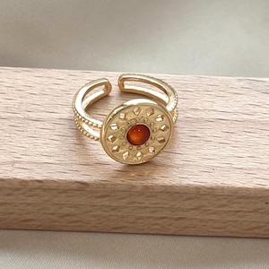 18k Gold Open Ring Adjustable with Red Agate – Mother’s Day Gift Idea-Minimalist Adjustable Gemstone Ring for Women, Positive Energy Jewelry