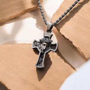 Christian Jesus Cross Pendant, Sterling Silver Men’s Jewelry, Christ Crucifix Necklace, Religious Christian Accessory, Father&#39;s Day Gift