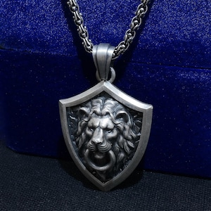 Shield Lion Pendant Necklace – Premium Oxidized Sterling Silver | Handcrafted Bold Lion Head Necklace | Gift for Him | Father&#39;s Day Gift