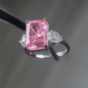 Emerald Cut Pink Ring - Pink Diamond - Sterling Silver Ring - Solitaire Ring - Engagement Ring - Pink CZ Ring