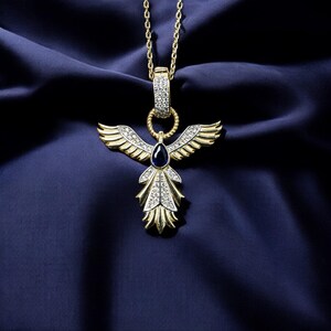 Elegant Phoenix Necklace - Fire Phoenix Pendant - 925 Sterling Silver and 22K Gold with Sapphire and Diamond Accents, Unique Gift for Her