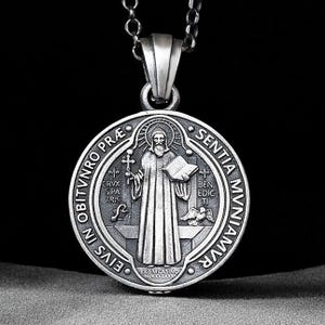 Saint Benedict Medallion Silver Saint Benedict Necklace, Religious Saint Benedict Pendant Christian Men’s Gift Saint Benedict Silver Pendant
