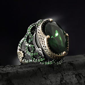 Men&#39;s Green emerald Stone Ring, Ottoman Style Silver Ring, 925 Sterling Silver Jewelry, Handmade Turkish Ring, Father&#39;s Day Gift
