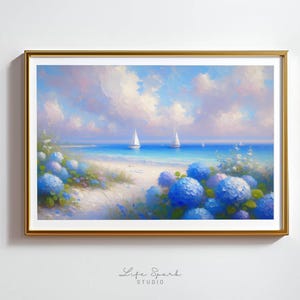 Sailboats and Blue Hydrangeas Painting, Pastel Coastal Wall Art Print, Nancy Meyers Aesthetic Decor, Ocean Seascape Digital Download C1P2